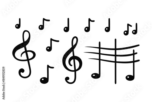Set of minimalist musical notes and treble clef symbols, black hand-drawn melody elements on white background