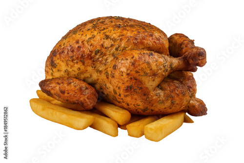 Whole rotisserie chicken with crispy golden french fries on a transparent background, savory meal for lunch or dinner