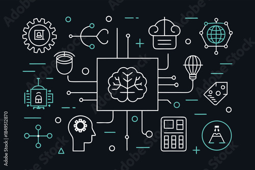 Artificial Intelligence and Digital Innovation Infographic with Neural Network and AI Concept Line Icons