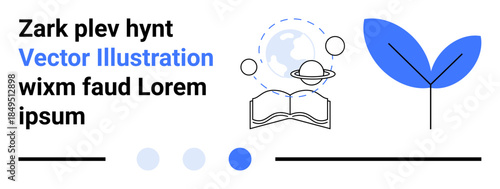 Open book with globe, planet, and leaf emphasizing education, growth, sustainability, and exploration. Ideal for e-learning, publishing, ecology creativity inspiration innovation and simple