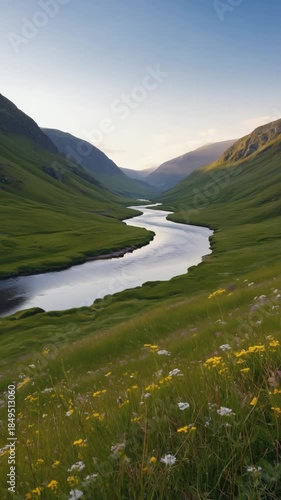 Serene River Valley with Lush Green Hills and Wildflowers in Golden Hour Light