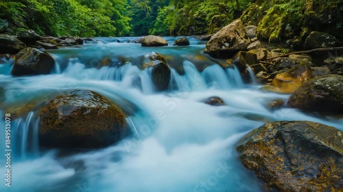 Serene Mountain Stream Flowing Over Smooth Rounded Stones in Lush Green Forest
