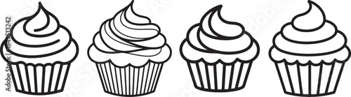 Set of Sweet Cupcake With Cream Line Art Coloring Book Page Outline Illustration