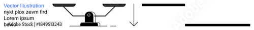 Comparison, equality, analytical modeling, decision-making, balance, structural analysis. Black balance scale with horizontal lines and arrows. Concept of comparison and equality visually