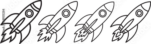 Set of Rocket Line Art Coloring Book Page Outline Illustration