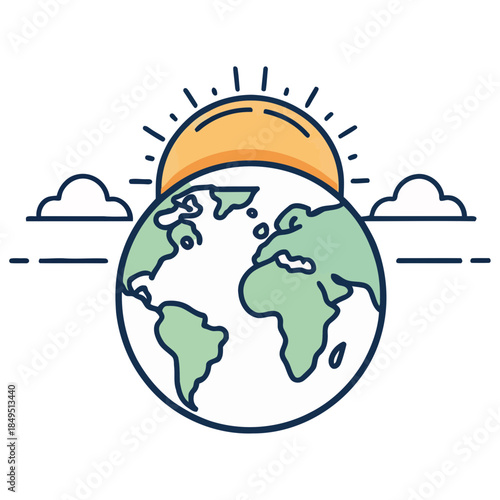 Planet Earth shown under a rising sun with two clouds.