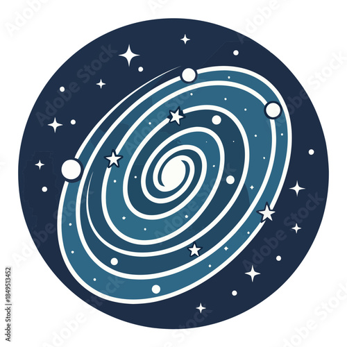 A vibrant spiral galaxy with planets orbiting in a dark space.