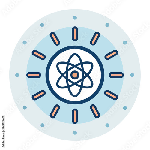 A concentric circular design with an atomic symbol representing science and energy.