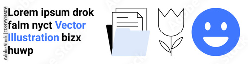 Business workflow, creativity, organization, positivity, teamwork, communication. A tulip, a folder stacked documents and a blue happy face icon. Business workflow and creativity concept