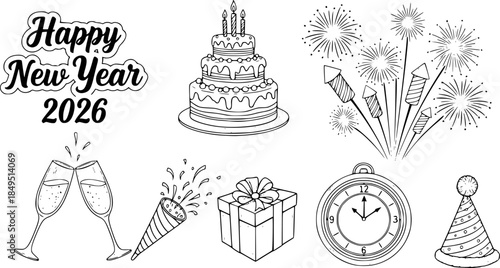 Hand-drawn New Years icons set 2026 Happy New Year wishes cakes fireworks and more
