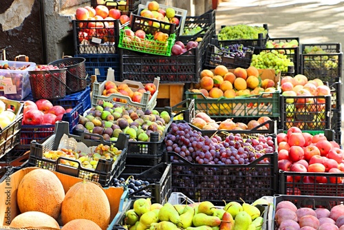 Crates of fruits and vegetables at the entrance to a street vegetable store in Tbilisi.