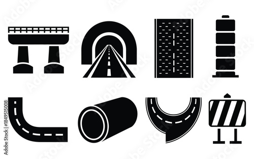 Foto Brutalist Road Icons, a vector silhouette collection featuring bridge spans, tun