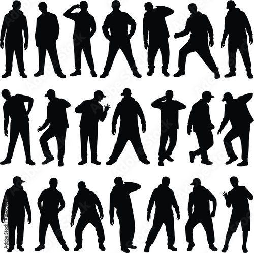 Urban men silhouettes, street style youth vector icons
