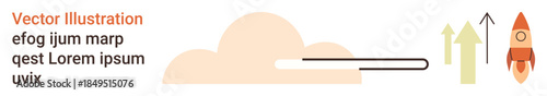 Business growth, innovation, startup success, progress, goal achievement, advancement. Minimalist design of a rocket launching with arrows and a cloud. Business growth and innovation concept