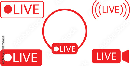 live streaming broadcast icons set with red badges frames and signal wave indicators for social media video content isolated on white background.