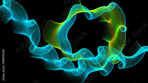 Abstract flowing neon blue and green light trails on black background image