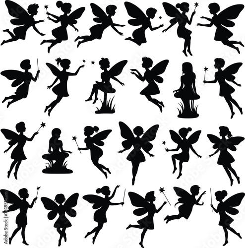 Fairy silhouettes set, magical pixie girls with wings vector icons