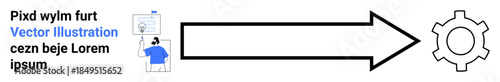 Person presenting ideas on the left links to process arrow pointing at gear, showing development and workflow. Ideal for innovation, teamwork, process design, education, business strategy