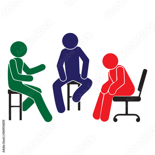 meeting icon, stick figure people conducting a dialogue, man sitting on a chair
