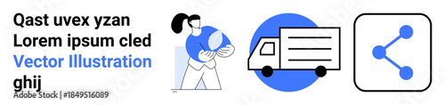 Shipping logistics, package delivery, online buying, digital networking, global trade, business solutions. A person holding a package, a delivery truck and a share icon. Shipping logistics