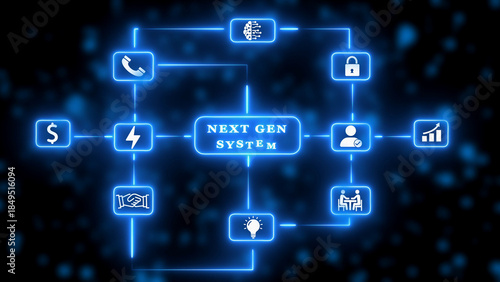 Next Gen System Flowchart with Blue Neon Connections and Icons on Dark Background Keywords: Next gen system, flowchart, diagram, icons, technology, innovation, future, system, network, connection