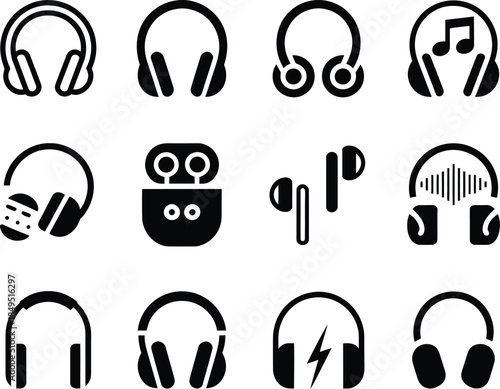 Headphone and earbud icons, wireless audio device vector silhouette set