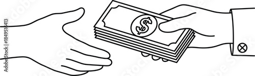 Money handover line illustration, cash payment exchange concept, financial transaction symbol, business finance outline vector artwork