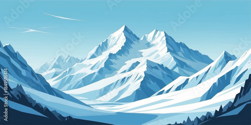 Scenic winter mountain range illustration with minimalist composition and soft colors