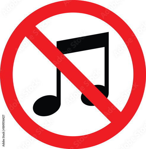 No music allowed symbol, sound prohibited icon, silent zone sign, mute audio warning, red prohibition illustration