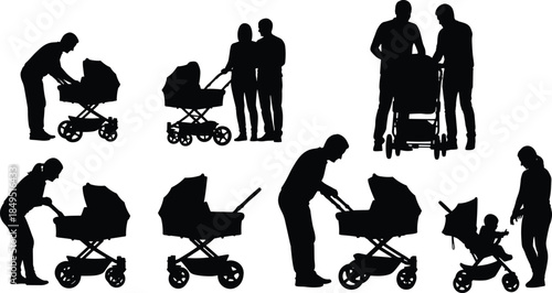 Parents with baby stroller silhouette set, family walking with pram illustration, motherhood fatherhood childcare concept, parenting lifestyle black icons
