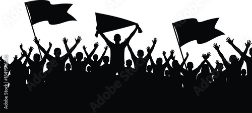 Protest crowd silhouette with flags, demonstration rally illustration, activist people symbol, political movement concept graphic, social justice freedom unity resistance