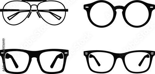 Set of eyeglasses vector icons, modern optical frames collection, black silhouette eyewear styles, fashion vision accessories, isolated white background