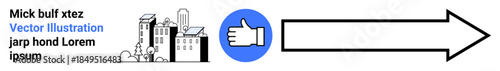 Communication, progress, direction, feedback, social media, urban design. Blue thumbs-up icon with buildings and a large arrow pointing right. Communication and progress concept