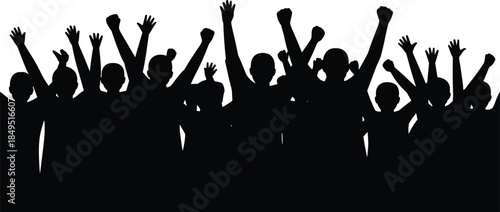 Excited crowd silhouettes with raised hands celebrating concert festival event joy isolated on white background illustration