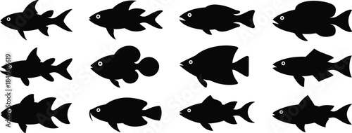 Fish silhouette icons, black aquatic shapes, marine animal symbols, vector fish set, underwater creatures, graphic fish collection, editable