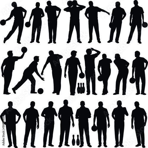 Bowling player silhouettes, bowler throwing ball vector icons
