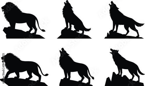 Lion and wolf silhouette collection standing and howling on rocks wildlife power nature illustration set