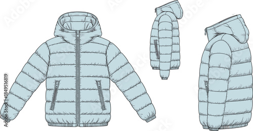 Light blue puffer jacket hooded winter coat front side back view insulated outerwear fashion CAD streetwear flat vector illustration