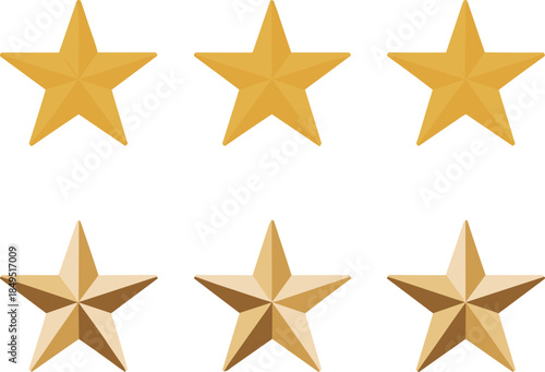 Star icons, rating symbols, gold stars, faceted design, vector 