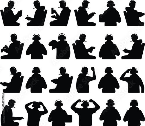 Gamer silhouettes set, esports players with headsets and controllers vector icons