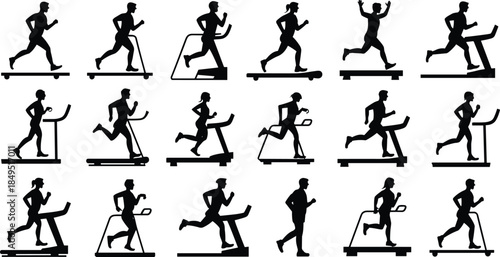 Running treadmill silhouettes collection showing fitness workout exercises with people training indoor gym activity illustration