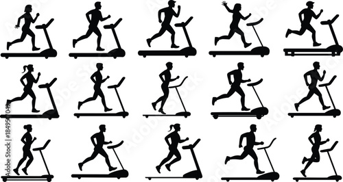 Treadmill running silhouette set of men and women exercising fitness workout gym cardio illustration collection