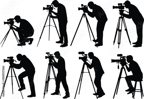 Videographer silhouettes filming on tripod, camera operator poses, video production concept, filmmaking media, black vector illustration
