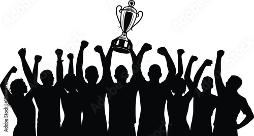 Winning team celebrating victory, trophy raised high, success achievement, teamwork leadership, championship moment, black silhouette vector illustration design