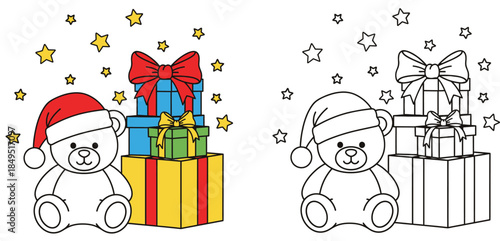 Christmas Teddy Bear with Santa Hat and Gift Boxes Cartoon Illustration and Coloring Book Page for Kids Activity