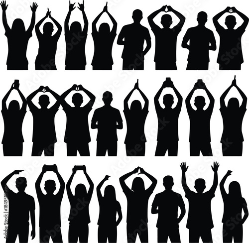 Concert crowd silhouettes, fans raising hands and recording with phones vector set