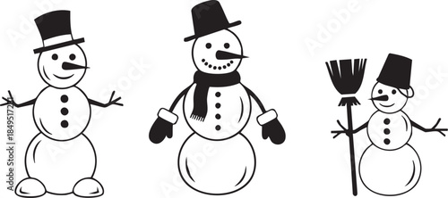 Black and white minimalist snowman for a winter festive seamless pattern