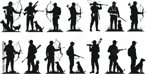 Hunter and dog silhouette vector, outdoor hunting scene, rifle and bow poses, wilderness activity graphic, companion animal illustration, forest sport design