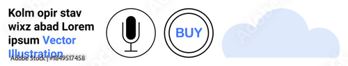 Digital services, e-commerce, cloud storage, online shopping, technology, media. Minimalist microphone symbol, buy button and cloud in one image. Digital services and e-commerce concept