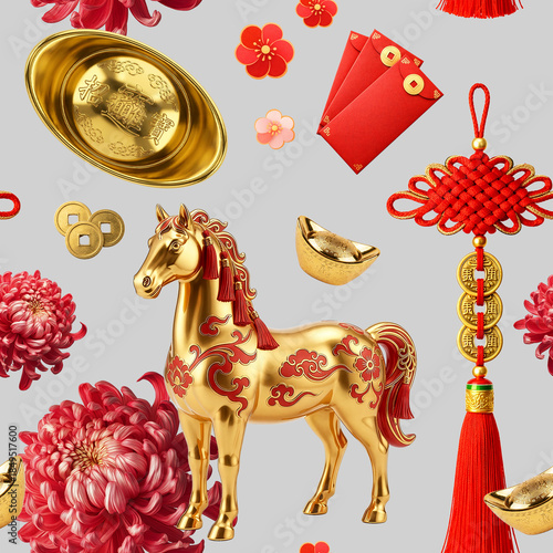 Seamless Chinese New Year Pattern with Golden Horse, Gold Ingots, Red Envelopes and Lucky Symbols